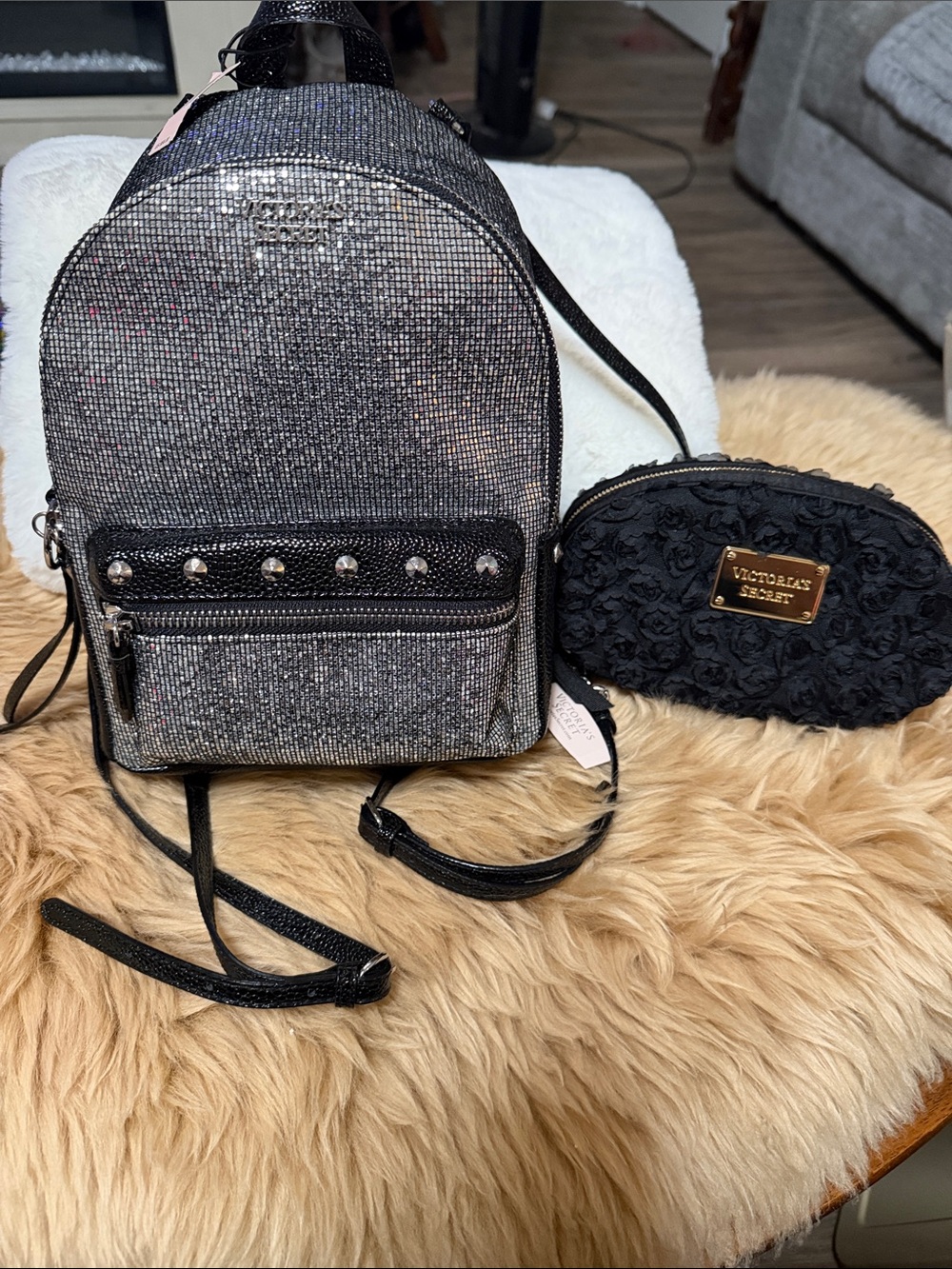 Victoria's Secret Black Studded Glitter Backpack & Black Rosette Makeup Bag NWT